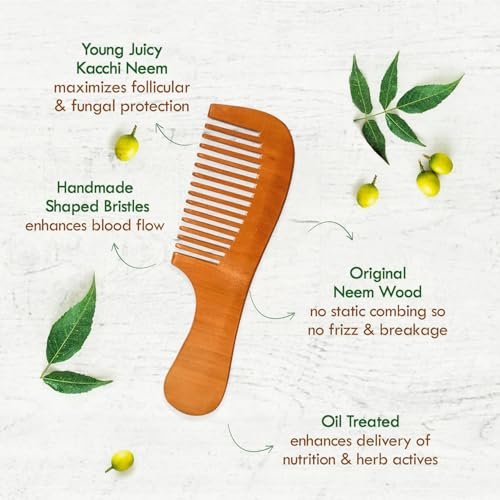 Image of COMBELLE Premium Neem Wood Comb - Eco-Friendly, Oil-Treated Anti-Hairfall & Frizz Control Comb for Men, Women, & Kids - Natural Wooden Comb for Healthy Hair, Dandruff Control, and Scalp Massage (NEEM COMB-3)