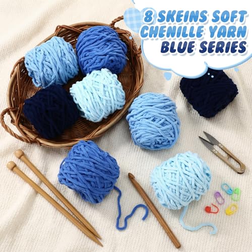Image of Buryeah 8 Pack Chunky Chenille Yarn for Crocheting Soft Thick Fluffy Yarn for Hand Knitting Bulky Velvet Blanket Plush for Weaving DIY Crafts Each 3.5 oz 55 Yards(Blue Series)