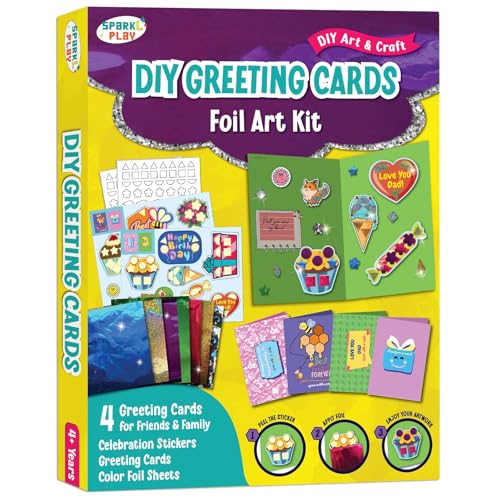 Image of SparkLPlay Greeting Card Making Kit Ages 4-12 | DIY Craft Kit | Make 4 Foil Cards | Gift for Kids Boys Girls | Cards for Friends & Family