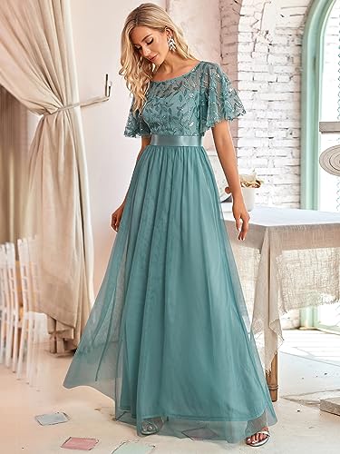 Image of Ever-Pretty Sequin Formal Prom Dresses for Women Ruffle Sleeves Empire Waist A-Line Long Mother of Bride Dress 00904