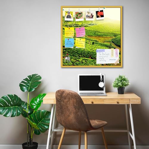 Image of ArtzFolio Tea Plantations, Munnar, Kerala | Bulletin Board Notice Pin Board | Vision Soft Board Combo with Thumb Push Pins & Sticky Notes | Golden Frame | 28 x 28 inch (71 x 71 cms)