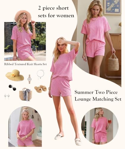 Image of MARZXIN Women 2 Piece Shorts Set 2026 Casual Summer Cruise Outfits Ribbed Loose Short Sleeve Pocket Matching Lounge Sets