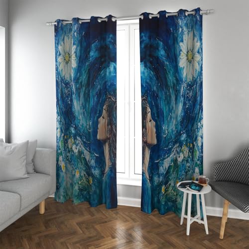 UIRINGART Margarita Blanca Cortinas Opacas Acuarela Azul Graffiti Oscurecimiento Cortinas de privacidad Reducción de Ruido Cortinas de Ventana para Dormitorio Cocina 2 Paneles H160xB132