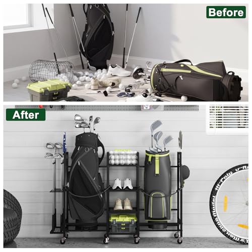 Golf-Bag-Storage-Rack-for-Garage-2-Bag-Organizer-with-Wheels-Golf-Clubs-and-Accessories-Organizer-with-Shelves-Accessory-Baskets-and-Glove-Holders