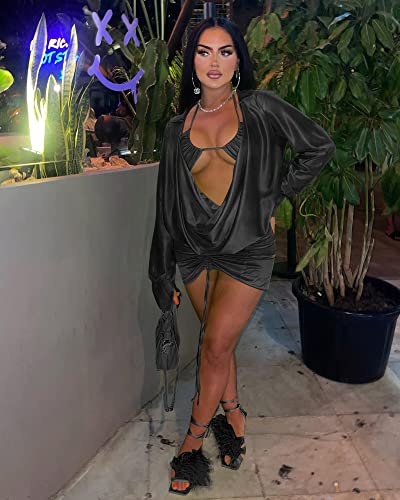 Image of Women's Sexy Long Sleeve Two 2 Pieces Outfits Sheer Mesh Mini Dress Skirt Set Top V Neck Backless Ruched Bodycon Cover Up