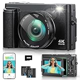 4K 64MP Digital Camera with WiFi, 180° Flip Screen, 16X Digital Zoom, Vlogging Camera for YouTube with Flash, Compact Camera with 32GB SD Card, 2 Batteries