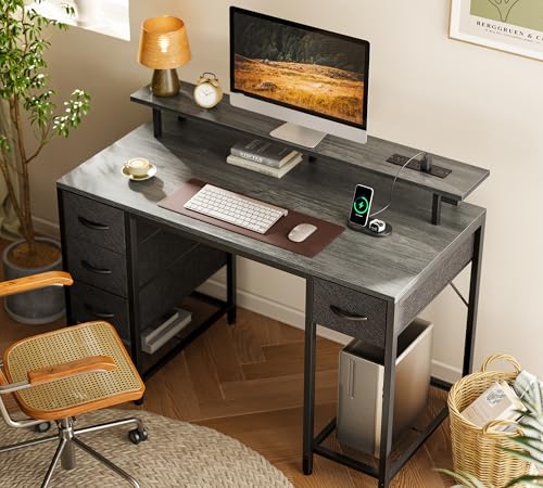 Image of Huuger 47 inch Computer Desk with 4 Drawers, Gaming Desk with LED Lights & Power Outlets, Home Office Desk with Large Storage Space for Bedroom, Work from Home, Grey