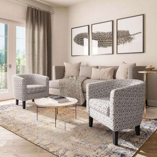 Image of BELLEZE Accent Barrel Chair Set of 2, Linen Round Chair Club Tub Sofa Corner Chair with Flared Legs and Cozy Soft Padding for Living Room Bedroom Waiting Room - White & Brown