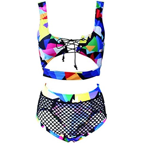 tengweng Women African Print Two Piece Lace Up Bikini High Waist Mesh Cutout Thong Swimsuit M AQP3 Cover