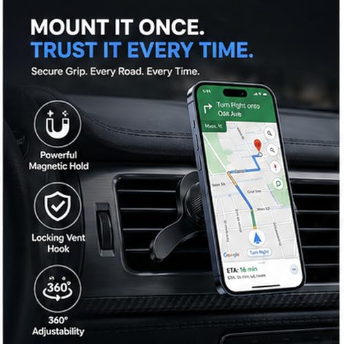 Image of AeroMag AC Magnetic Car Mount Phone Holder, Compatible with MagSafe, Apple Air Vent Mount with N52 Magnets, 360 Rotation, Metal Hook Clip & Iron Ring for iPhone 18 /17 /16 /15 /14 /13 & All Phones