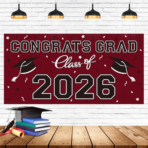 Image of 2026 Graduation Party Plastic Backdrop - 65 inch x 32.7 inch Congrats Grad Banner in Maroon, Large Class of 2026 Decorations, Photography & Grad Party Supplies