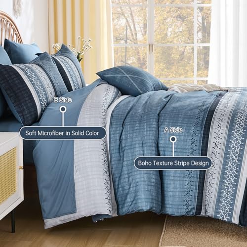 Image of Dintszyayue Navy Blue King Comforter Size Set, 8 Pieces Striped Texture Bed in a Bag Bedding Sets, Lightweight Soft Comforter and Sheet Set, All Season Microfiber Teen Boys Bedding Sets for Men Women