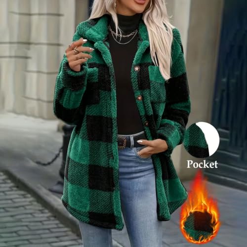Plaid Sherpa Jacket Women Button Fleece Shacket Casual Fall Winter Outdoor - image 4