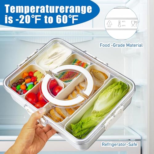 Image of Divided Fridge Storage Boxes With Serving Veggie Tray with Lid and Handle, Fridge Organizer with Removable Compartment, Fridge Storage Containers (6 Compartment-)