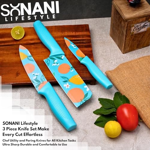 Image of Professional Piece Kitchen Knife Set - High Carbon Stainless Steel Chef, Utility & Santoku Knives with Ergonomic Blue Handles Knife (Blue, 3 piece)