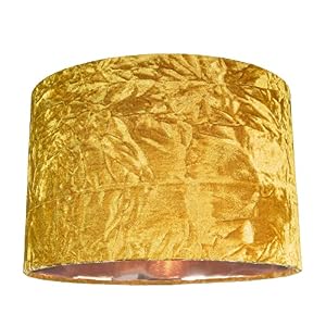 Modern and On-Trend Ochre/Mustard Crushed Velvet Fabric 12″ Table or Pendant Circular Drum Lampshade with Shiny Copper Inner – 60watt Maximum | Perfect for Residential or Commercial by Happy Homewares