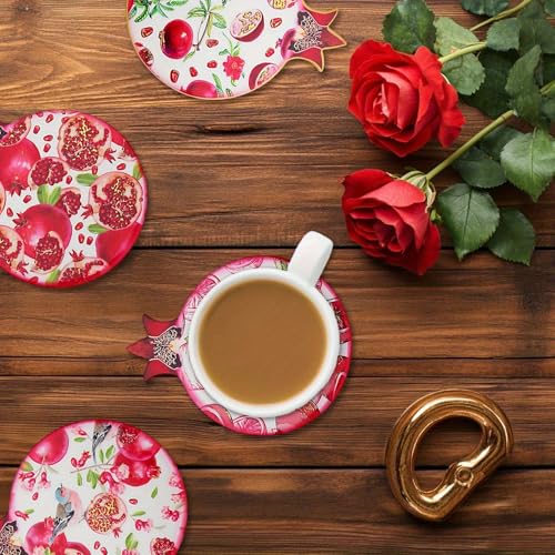 Image of 6 pcs Set Unique Pomegranate Pattern Coaster, Wooden Desktop Beverage Holder, for Coffee and Drinks, Home Decoration Gift,