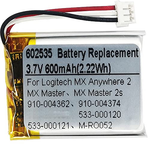 DC 3.7V 600mAh 602535 Battery Replacement for Logitech MX Master 2 MX Master 3 MX Master 2s MX Anywhere 2 MX Anywhere 2S MX Ergo M-RO052 Wireless Mouse 910-004362 910-004374 533-000120 533-000121