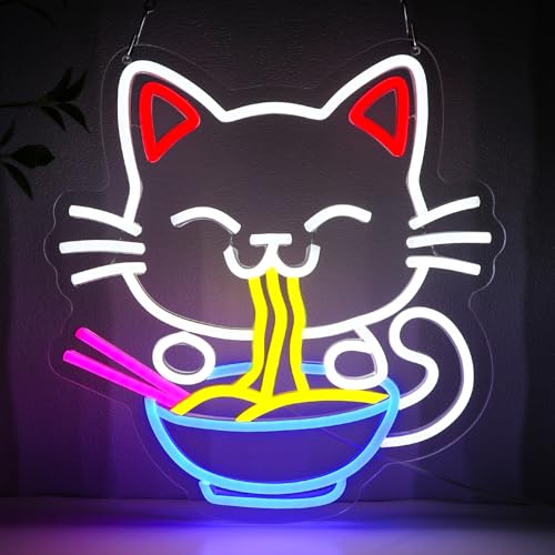 Image of Fortune Cat Ramen Neon Sign for Wall Decor, Japanese Lucky Cat Led Signs for Business, USB Dimmable Cartoon Cat Neon Lights for Noodles Shop Kitchen Home Pub Dinning Room Restaurant Wall Art