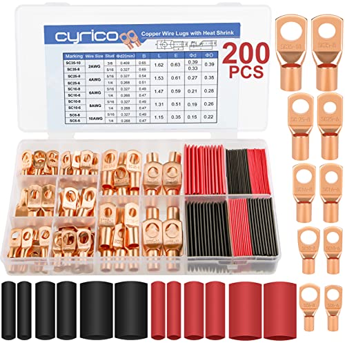 200pcs Battery Cable Ends, Copper Wire Lugs AWG 2 4 6 8 10 Gauge - 100Pcs Battery Cable Lugs Ring...