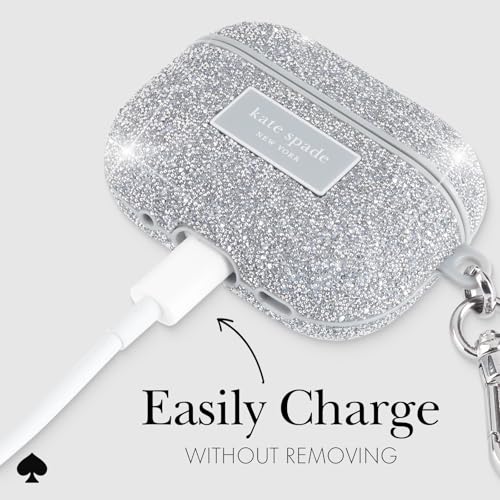 Image of kate spade new york AirPods Pro Protective Case with Keychain Ring - Crystal Pave Silver, Compatible with AirPods Pro 2nd / 1st Generation