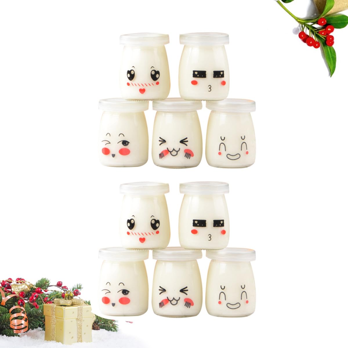 BESTYASH 10pcs Pots à Yaourt en Verre 100ml Motifs Visage Cartoon Adorables, Faciles à Nettoyer pour Yaourt, Pudding et Conservation Alimentaire Style Aléatoire