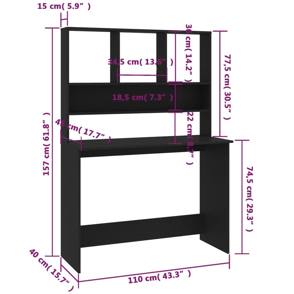 Scrivania con ripiani, colore nero, 110 x 45 x 157 cm, materiale in legno, moderno computer desk per casa, ufficio, molto spazio, salvaspazio