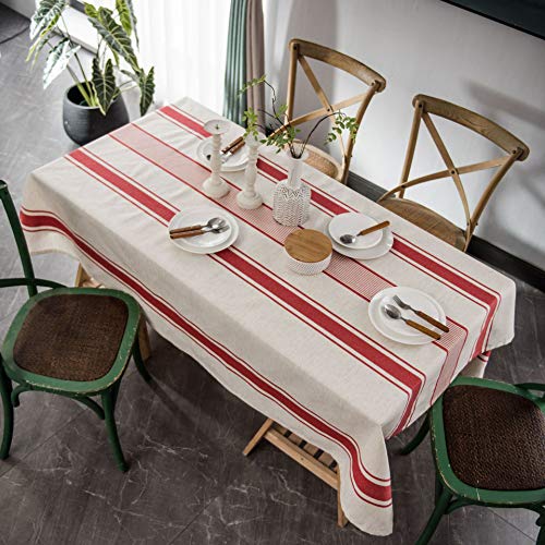 Nappe simple rectangulaire coton lin nappe de salle à manger rayée rouge - 2