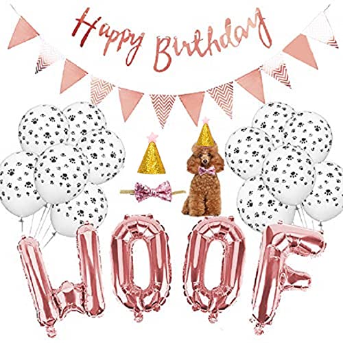 Esweny Pet Birthday Party Supplies Set WOOF Letter Balloons Paw Print Balloons for Dog Birthday Party (Rose Gold)