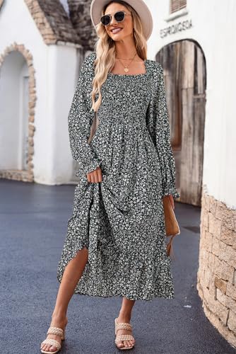 Image of Dokotoo Boho Dresses for Women 2025 Casual Floral Square Neck Long Sleeve Smocked Elastic Waist Tiered Ruffle Hem Maxi Dress