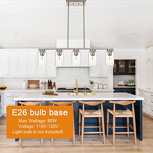 Vinluz Kitchen Island Pendant Light Fixture 5 Lights Metal Farmhouse Chandeliers In Brushed Nickel Finish Linear Classic Ceiling Hanging Lighting With Glass Shade For Dining Room, Foyer, Restaurant #TOP4