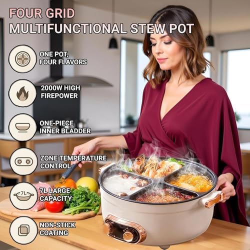 Olla Eléctrica Multifuncional 4 Divisiones, 7L, Antiadherente, 2000W miniatura 3