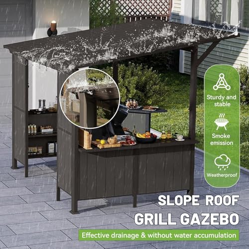 Image of 9x10FT Hardtop Grill Gazebo, Lean to Outdoor BBQ Shelter with Galvanized Steel Slanted Roof, Permanent Metal Grilling Station with Storage Shelves & Bar Platform for Patio (Brown, 9X10FT)