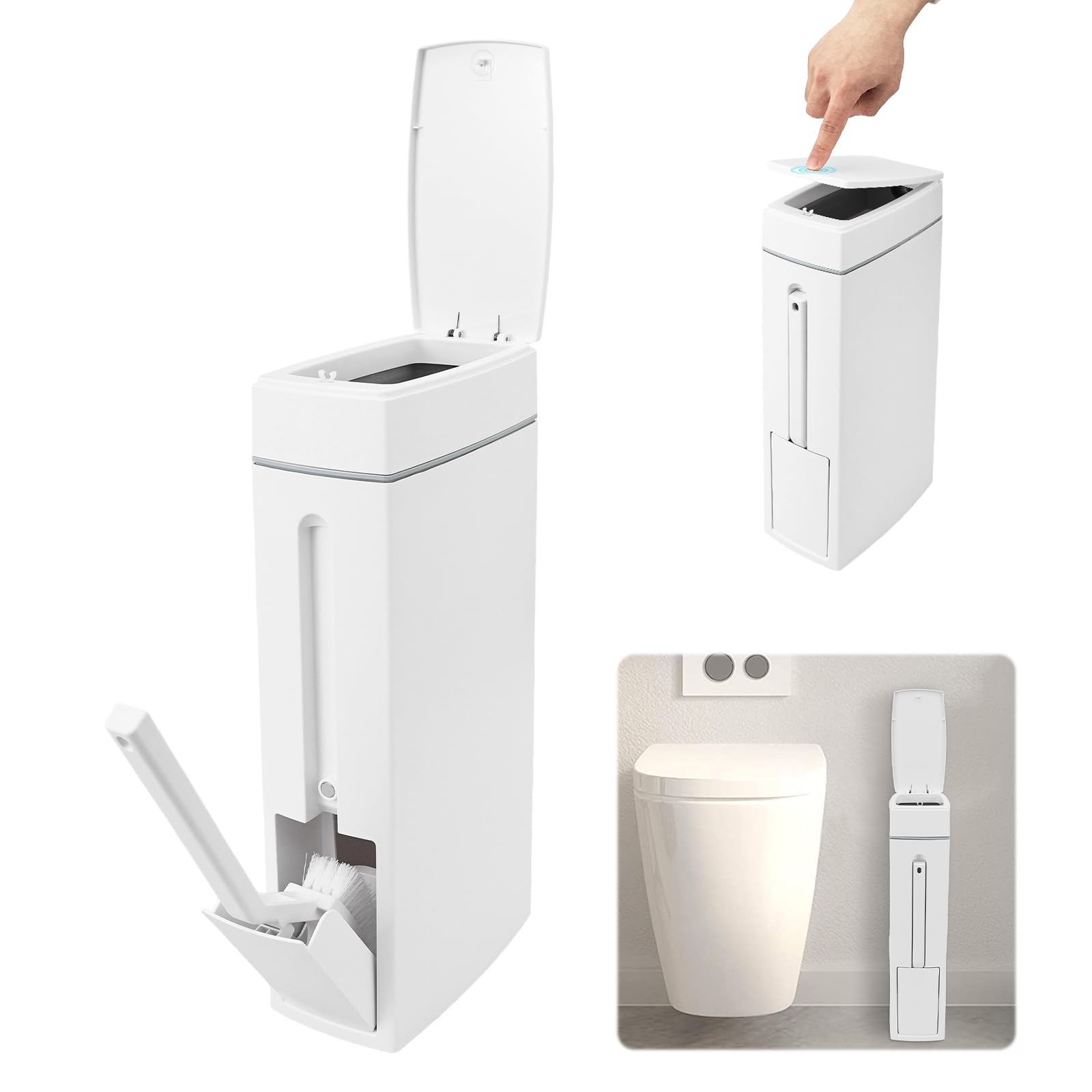 Bpyhebe Slim Bathroom Bin With Lid, White 4.5 Litre Toilet Bin and Brush Set for Bathroom, Bedroom, and Office