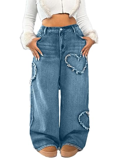 High Waisted Wide Leg Jeans, Heart Pattern Distressed Denim