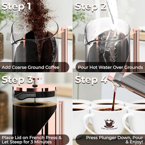 Image of Cafe Du Chateau Stainless Steel French Press Coffee Maker 34 oz - Easy to Use Insulated Coffee Press with 4-Level Filtration, Manual Brewer for Tea, Camping & Travel with BPA Free, Durable Clear Glass