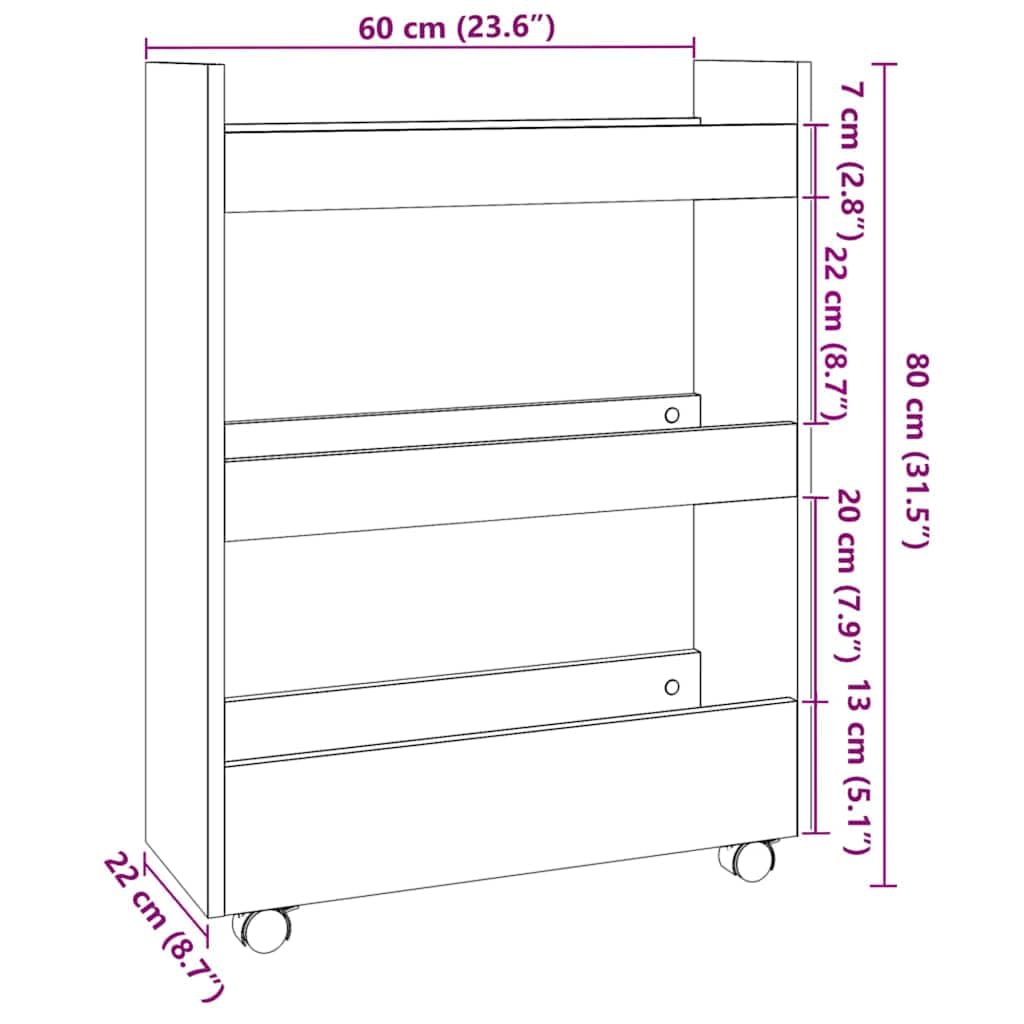 Carro de almacenamiento estrecho de roble Artisan, 3 niveles, 60 x 22 x 80 cm, carrito auxiliar con ruedas y espacio de almacenamiento para cocina, comedor, bar, carro de nicho, móvil y