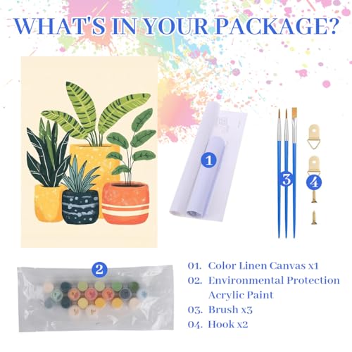 Image of HASTHIP DIY Paint by Numbers Kit for Adults & Kids, Potted Green Plants Painting on Canvas, Modern Botanical Wall Art Acrylic Painting Set with Brushes & Numbered Pigments, 40x50cm