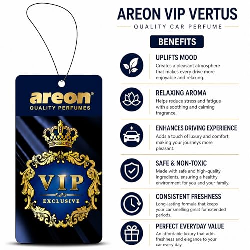 Image of AREON VIP Hanging Car Air Freshener Pack of 3 - Premium Car Perfume with Natural Fragrances, Stylish Hanging Cards Long Lasting Auto Air Freshener for Car, Home, Office & Vehicle Interior - VERTUS