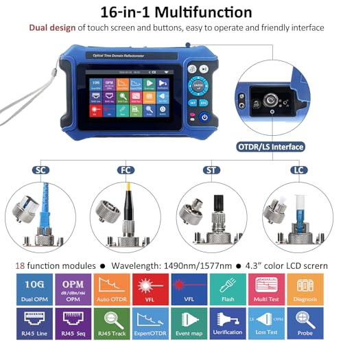 Image of 16-in-1 OTDR Fiber Optic Tester 1310 /1550 /1625nm, with Event Map, 10G PON OPM, VFL, OLS, RJ45 Cable Tracker, 80km Range Network Diagnosis Tool