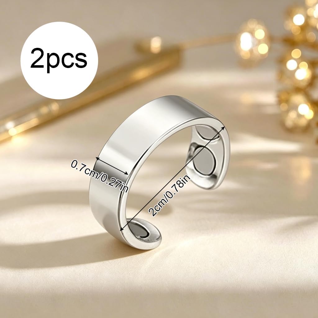 Pack of 2 Magnetic Rings for Men and Women, Silver, Adjustable Open Rings image 2