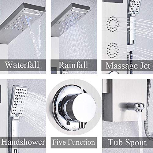 Columna de Ducha LED con Panel de Acero Inoxidable, Sistema de Ducha con Pantalla de Temperatura, Cabezal Lluvia y Duchador de Mano miniatura 5