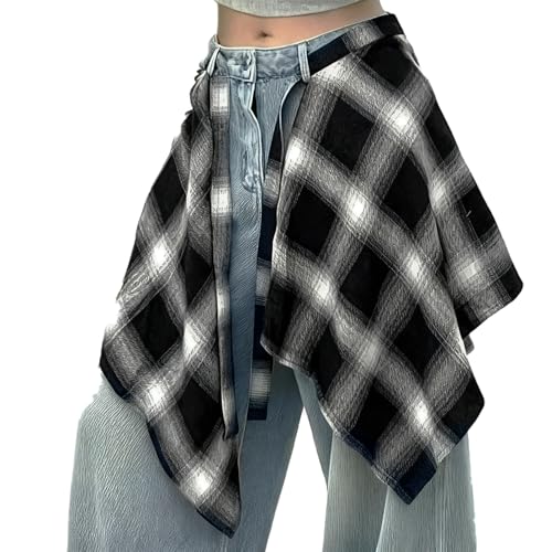 OULIGET Womens Grunge Mini Plaid Skirt Hip-Hop One-Piece Tie Up Asymmetrical Skirt Y2k Overlapping Jeans Decorate Skater