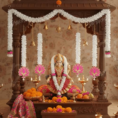 Image of Divyakosh Lotus Hanging with White Artificial Flowers 7 Pcs | Floral Wall Hangings for Home Decoration,Temple,Diwali,Ganpati & All Festival Decoration | 20 Inches Each |