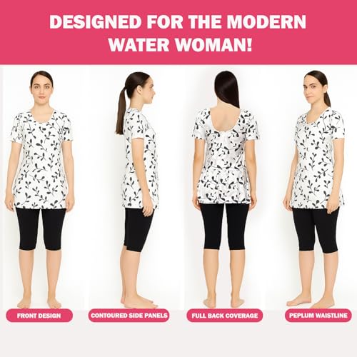Image of Hacer Frock Style Swimwear with Ethnic Printed Padde Half Sleeve Bodysuit Swimming Costume Knee Length Two Piece Swimsuit for Pool Beach Women (M, 34, Off-White-Black)