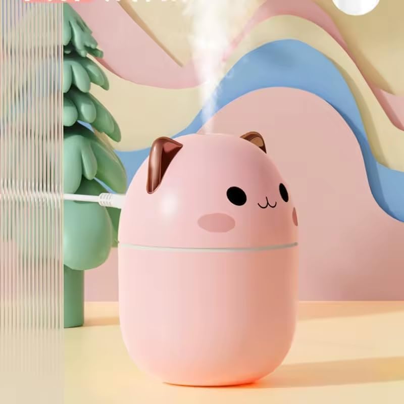 Humidificador Portátil Mini Forma Gato - Difusor de Aceites esenciales para oficina, hogar o escritorio - Alimentación USB, Silencioso y LED suave - 250ml - Rosa