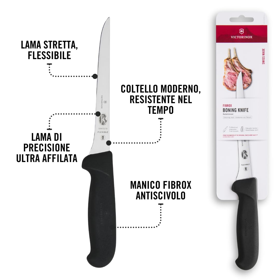Victorinox Fibrox, Coltello per disossare, Coltello da Cucina stretto per Carne e Pollame, 15 cm, Lama Dritta, Stretta, Flessibile, Affilata, Acciaio Inossidabile, Nero