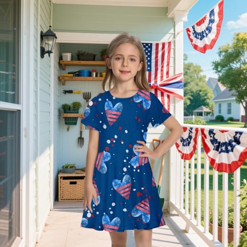 RONGTAI Girls 4th of July Dress Size 8-9 American Flag Dresses Kids 3D Casual Outfit Summer Sundress Striped Heart Short Sleeve Playwear2
