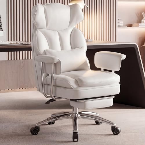 Image of DUMOS Ergonomic Home Office Desk Chair, Executive Chair, PU Leather | Big Tall High Back, Lumbar Support, Reclining Height Adjustable, Computer Gaming, Footrest Swivel Wheels, Snow White