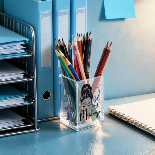 Image of But First Makeup Acrylic Cosmetic Holder, Funny Makeup Brush Holder Gifts for Cosmetologist Women Girls, Bathroom Vanity Storage for Make up Brushes, Birthday Gifts for Daughter Niece Sister